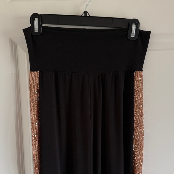 Julian Chang Mixed Media Black Pull On Pants Gold Sequin Side Stripe Small - Picture 3 of 10